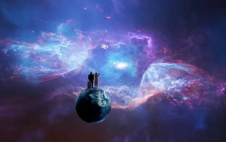 LibraMiser Two people looking at space, surrounded by stars and the universe, representing spiritual awakening, manifestation, and personal growth