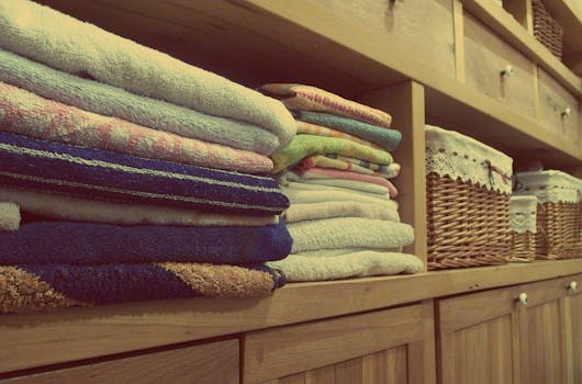 How to remove negative energy - Tidy wooden cabinet with neatly stacked towels and decorative baskets in an indoor setting.