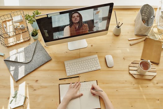 Mindvalley Review - Person taking notes during a video call at a neatly organized home desk, showing remote work lifestyle.