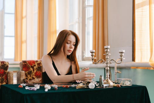 Manifesting with Crystals - A young woman meditates with crystals and spiritual items in a serene indoor setting.