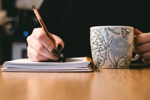 Law of Attraction: How to Let Go - Person writing in a notebook with a floral ceramic mug on a wooden desk.