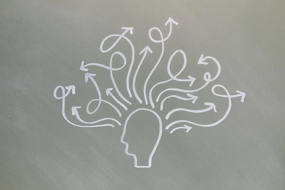LibraMiser How to Apply the Law of Assumption - Conceptual chalk drawing illustrating mental health challenges with arrows representing thoughts.