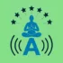 LibraMiser logo containing a blue silhouette of a person meditating in lotus position above a bold blue capital letter 'A'. Seven black stars form an arc above the figure, each connected to the head by dotted lines. Three black curved lines on each side of the letter 'A' resemble sound waves. Set against a vibrant green background.