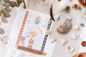 How to unblock chakras - Top view of a human design chart surrounded by crystals, candles, and spiritual items on a cloth.