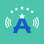 LibraMiser Logo - Logo featuring a bold blue letter A with a white star at its top, symbolizing a person. Above the A is an arc of five white stars. On both sides of the A are three curved white lines resembling radio waves. The background is turquoise green.